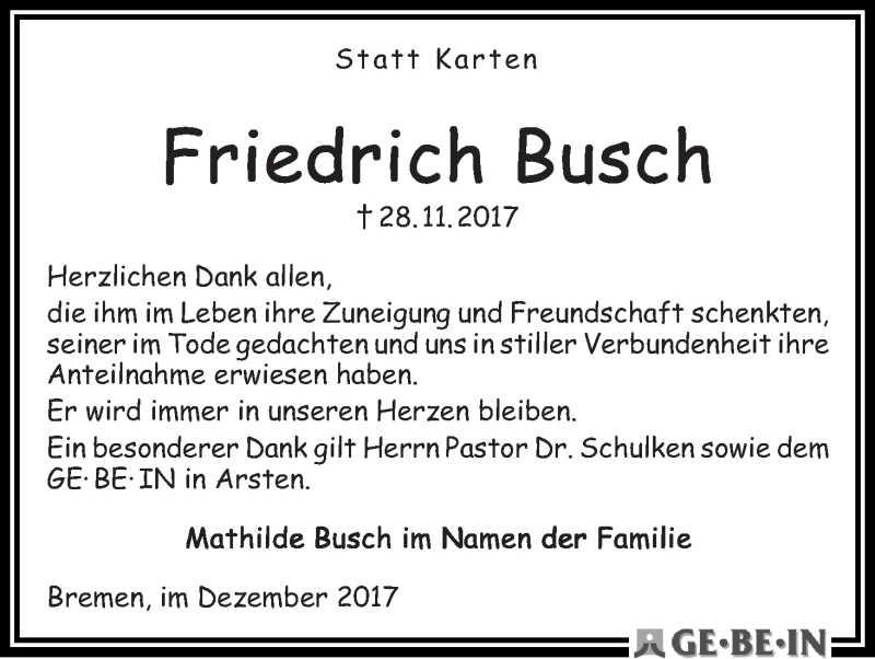 Traueranzeige von Friedrich Busch von WESER-KURIER