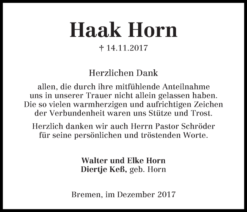 Traueranzeige von Haak Horn von Die Norddeutsche
