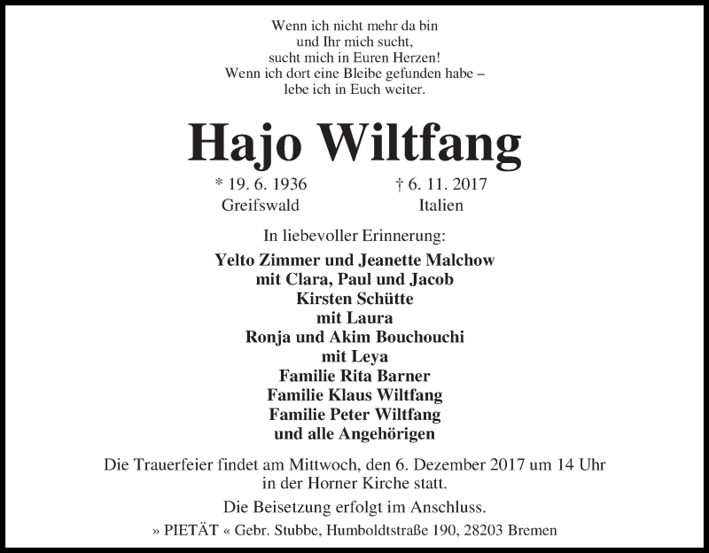 Traueranzeige von Hajo Wiltfang von WESER-KURIER