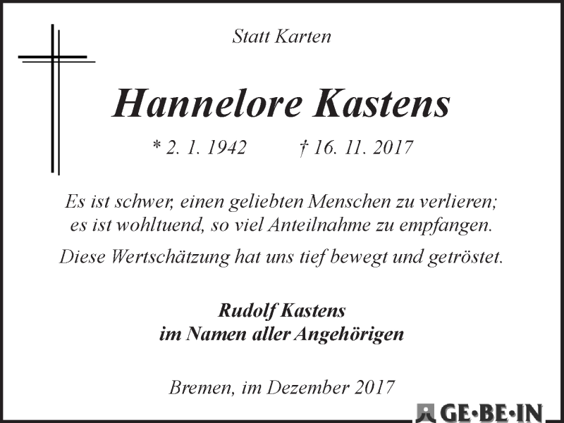 Traueranzeige von Hannelore Kastens von WESER-KURIER