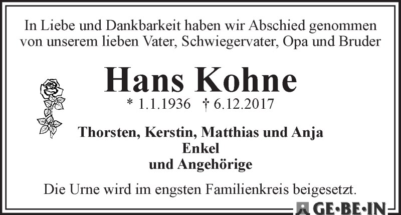 Traueranzeige von Hans Kohne von WESER-KURIER