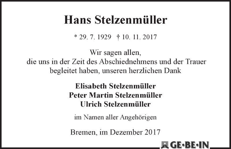 Traueranzeige von Hans Stelzenmüller von WESER-KURIER