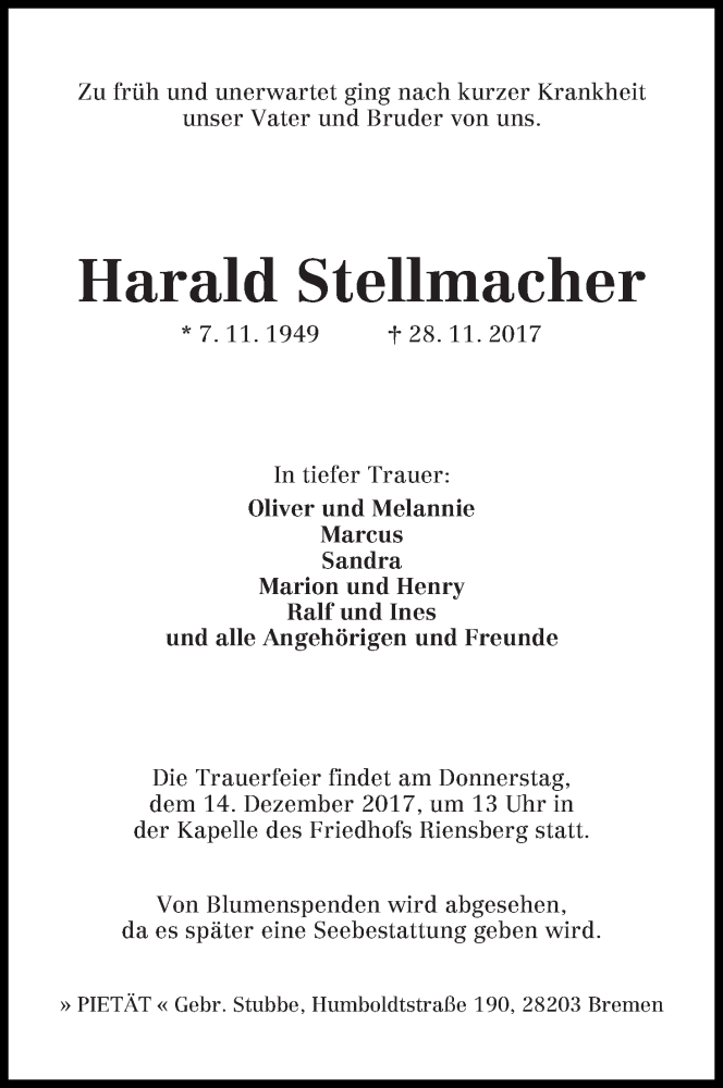 Traueranzeige von Harald Stellmacher von Wuemme Zeitung