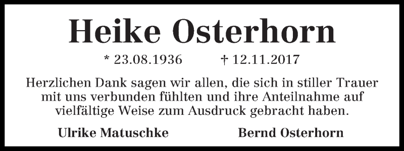 Traueranzeige von Heike Osterhorn von WESER-KURIER