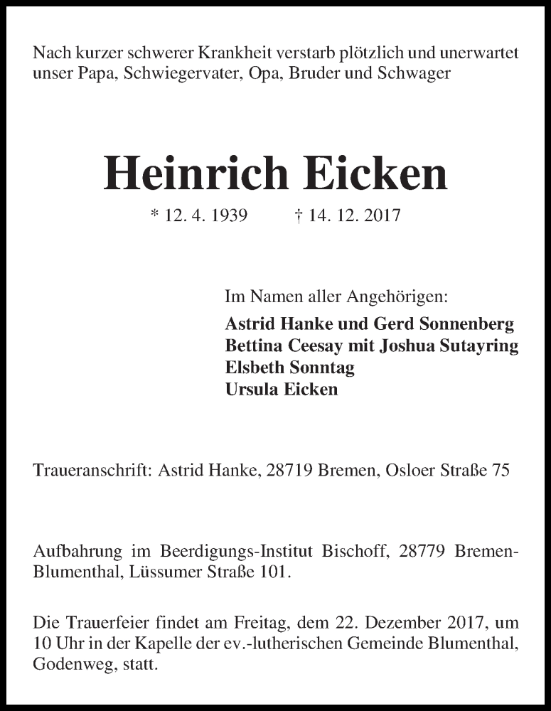 Traueranzeige von Heinrich Eicken von Die Norddeutsche