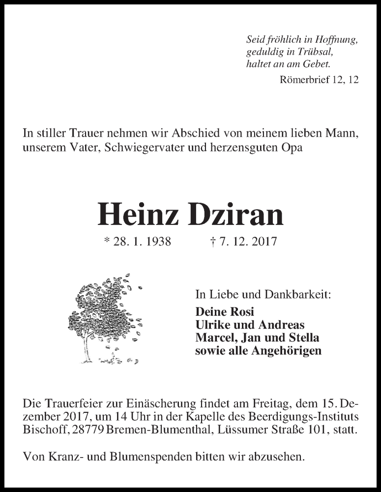 Traueranzeige von Heinz Dziran von Die Norddeutsche