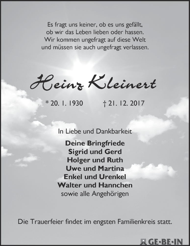 Traueranzeige von Heinz Kleinert von WESER-KURIER