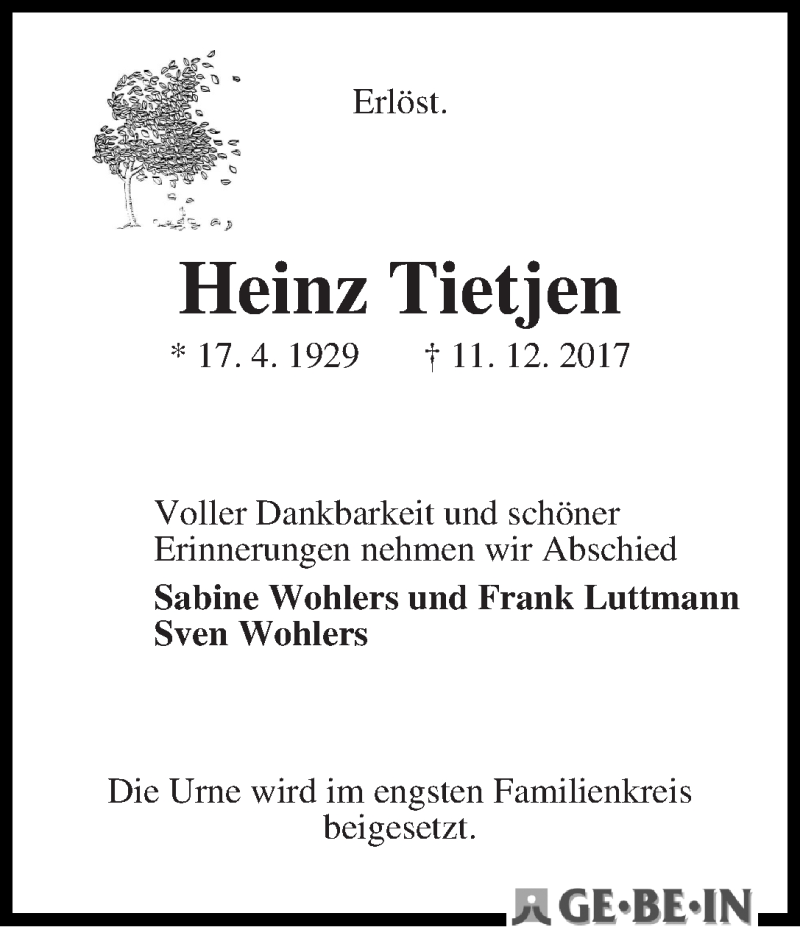 Traueranzeige von Heinz Tietjen von WESER-KURIER