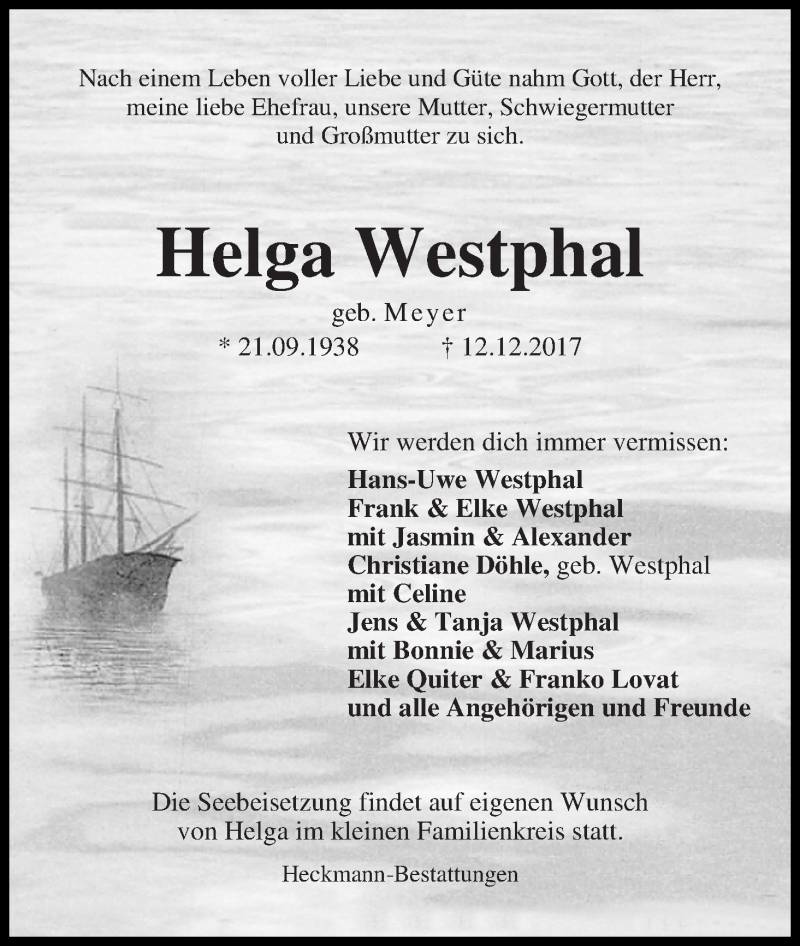 Traueranzeige von Helga Westphal von Die Norddeutsche