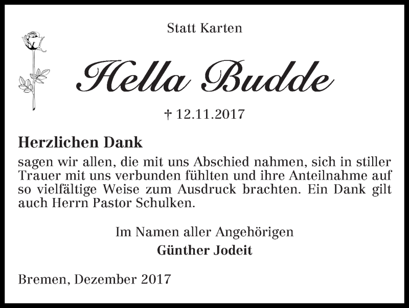 Traueranzeige von Hella Budde von WESER-KURIER