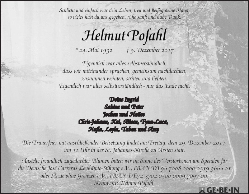 Traueranzeige von Helmut Pofahl von WESER-KURIER