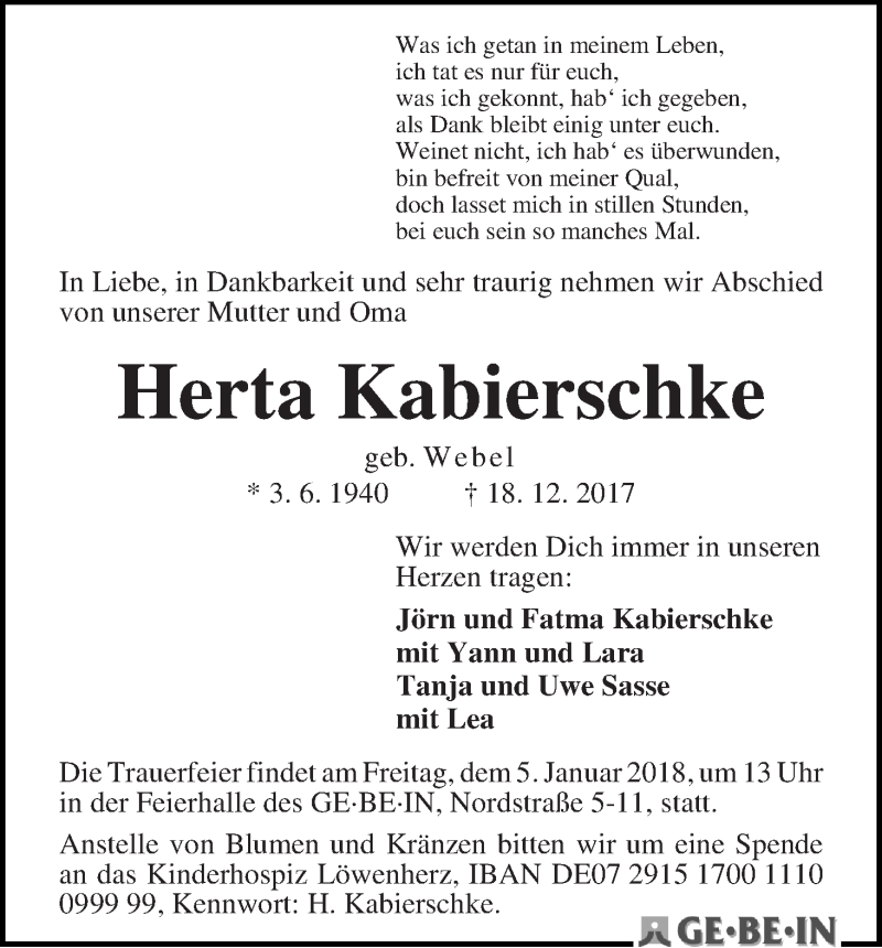 Traueranzeige von Herta Kabierschke von WESER-KURIER