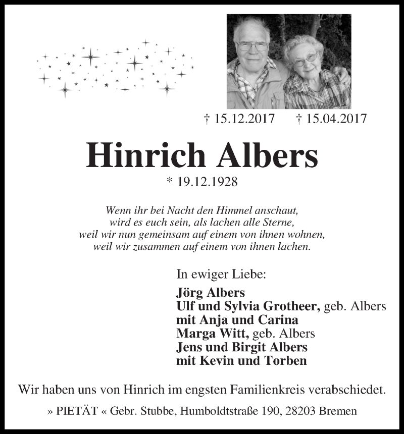 Traueranzeige von Hinrich Albers von WESER-KURIER