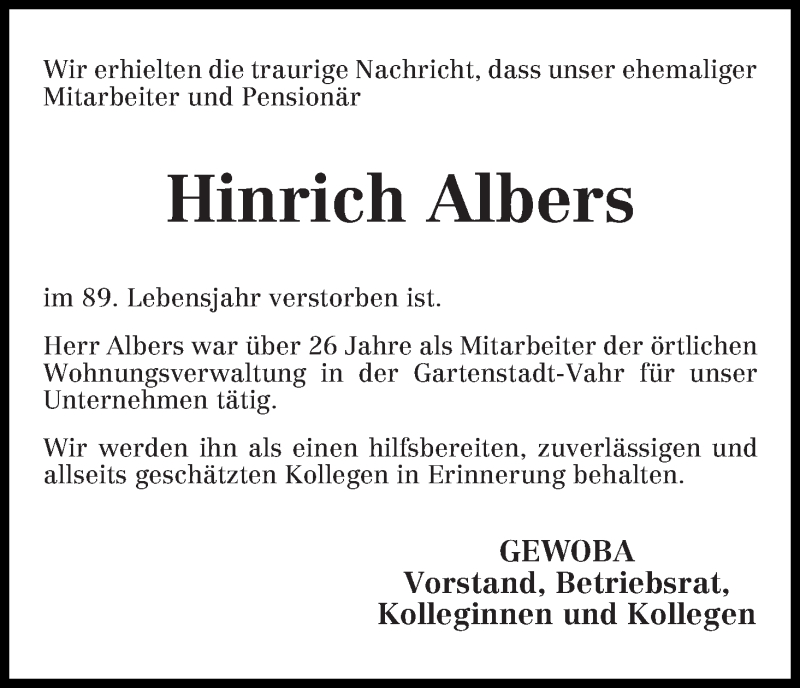 Traueranzeige von Hinrich Albers von WESER-KURIER