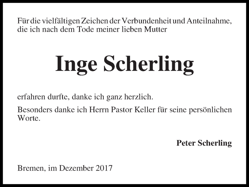 Traueranzeige von Inge Scherling von Die Norddeutsche