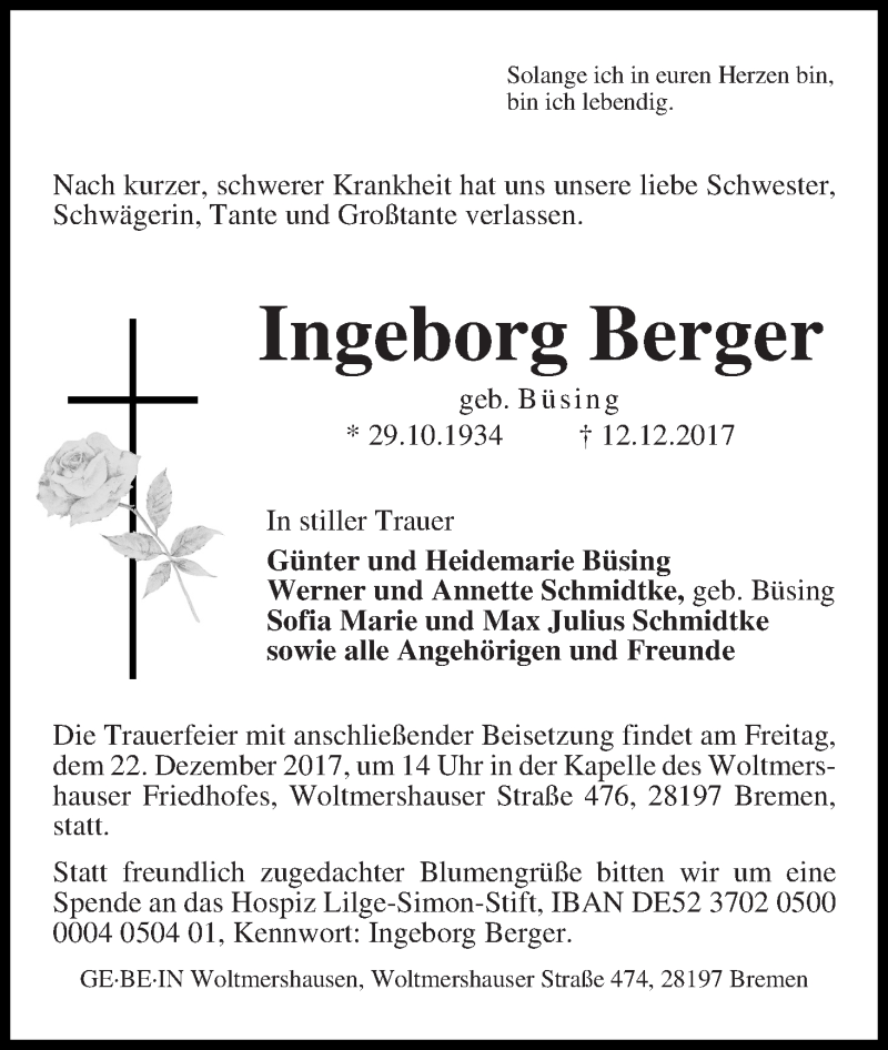 Traueranzeige von Ingeborg Berger von WESER-KURIER