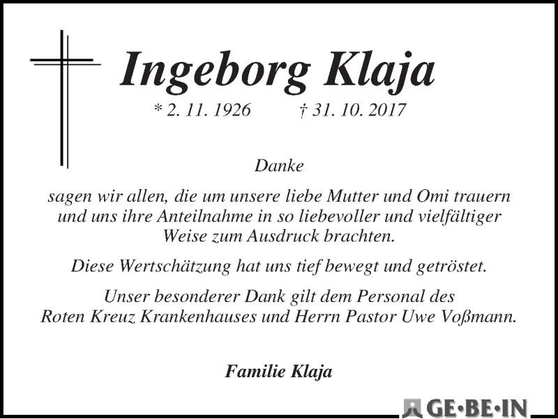 Traueranzeige von Ingeborg Klaja von WESER-KURIER