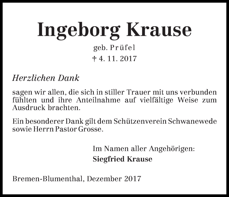 Traueranzeige von Ingeborg Krause von Die Norddeutsche