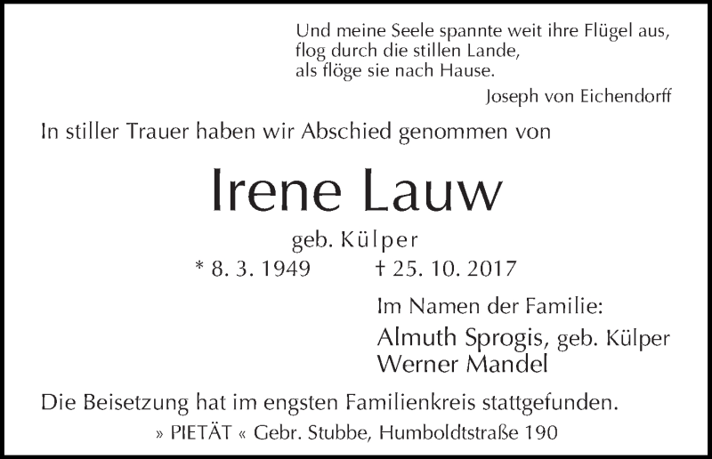 Traueranzeige von Irene Lauw von WESER-KURIER