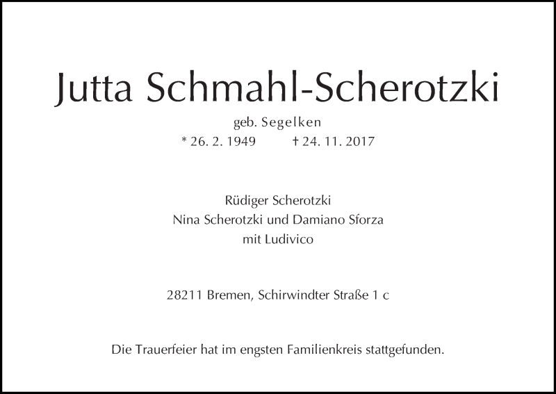 Traueranzeige von Jutta Schmahl-Scherotzki von WESER-KURIER