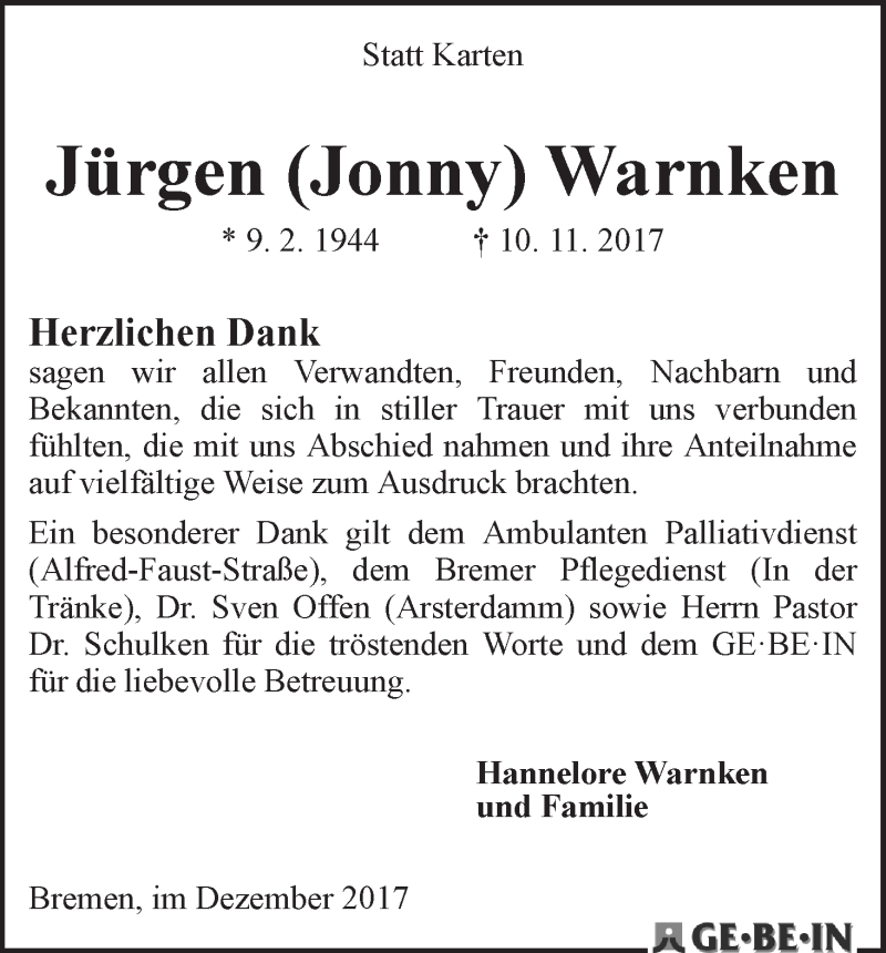Traueranzeige von Jürgen (Jonny) Warnken von WESER-KURIER