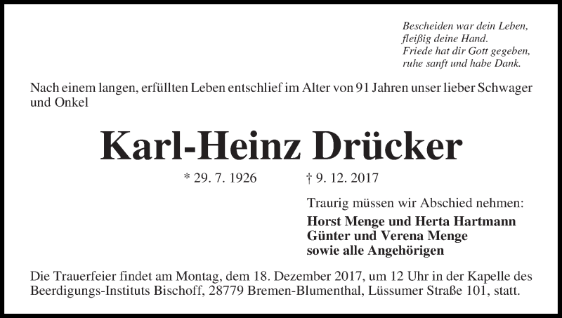 Traueranzeige von Karl-Heinz Drücker von Die Norddeutsche