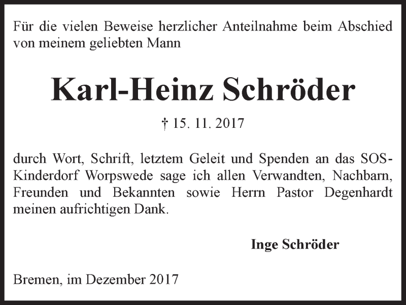 Traueranzeige von Karl-Heinz Schröder von WESER-KURIER