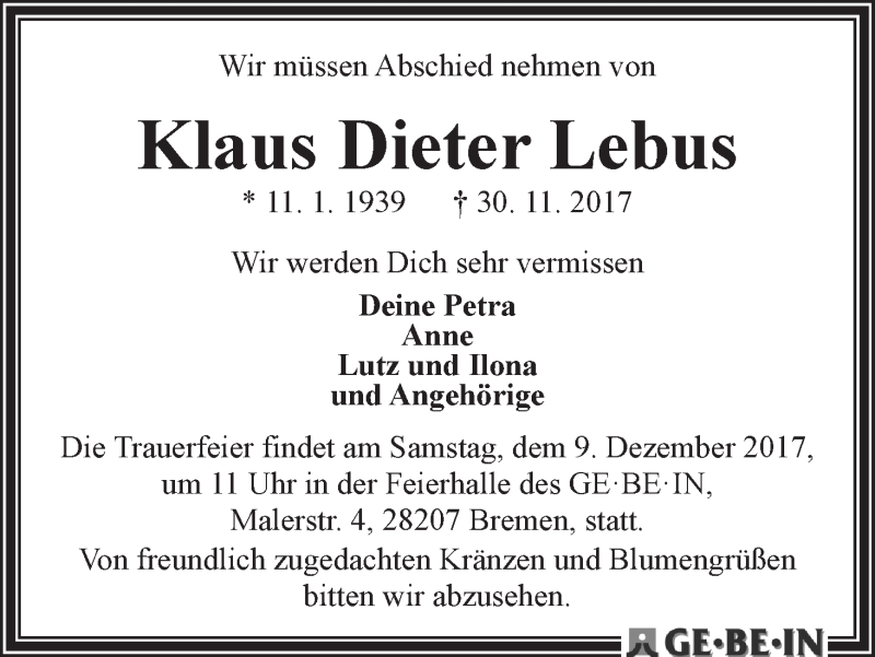 Traueranzeige von Klaus Dieter Lebus von WESER-KURIER