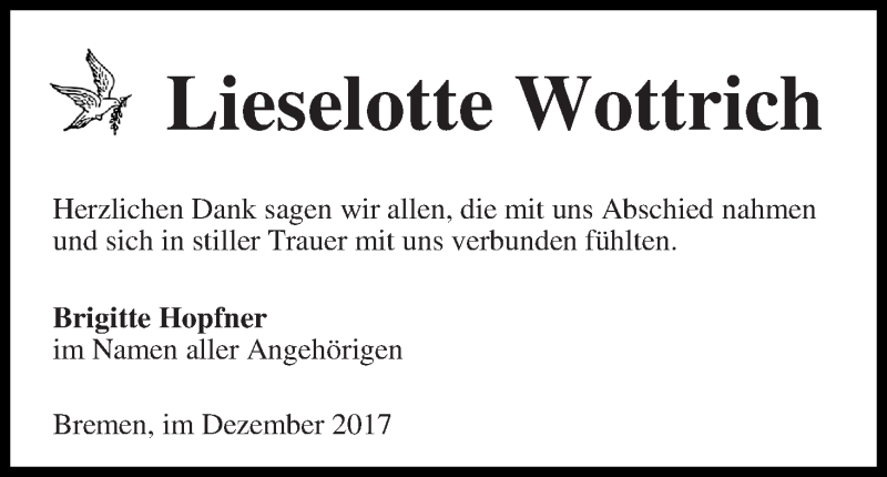 Traueranzeige von Lieselotte Wottrich von Die Norddeutsche