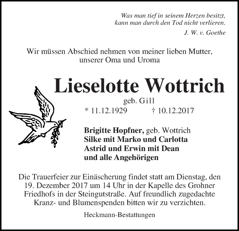 Traueranzeige von Lieselotte Wottrich von Die Norddeutsche