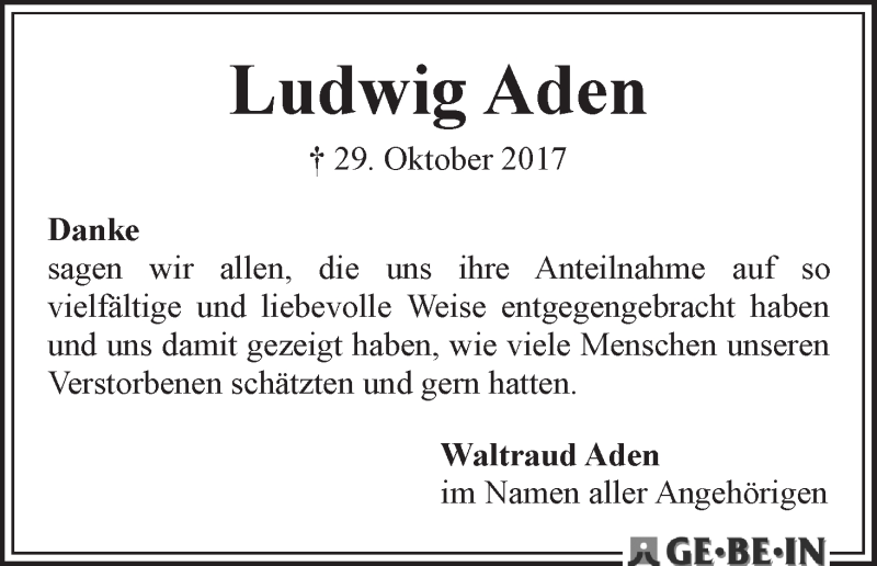 Traueranzeige von Ludwig Aden von WESER-KURIER