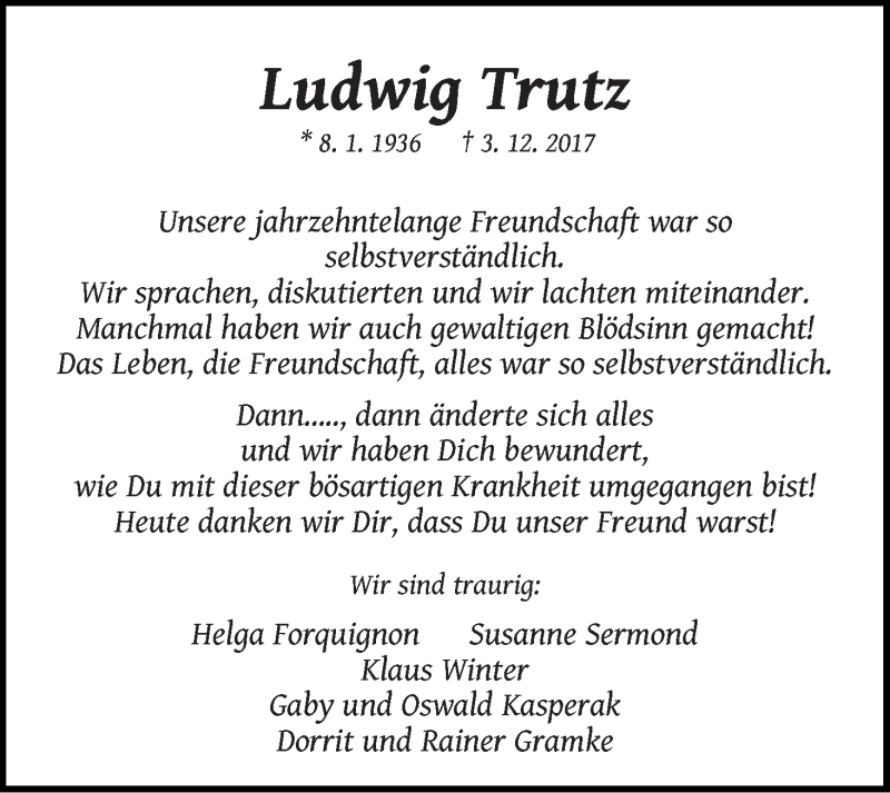 Traueranzeige von Ludwig Trutz von WESER-KURIER