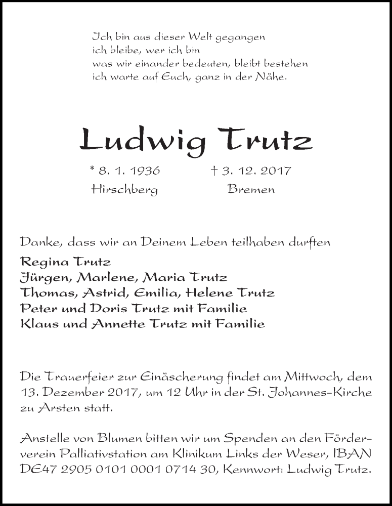 Traueranzeige von Ludwig Trutz von WESER-KURIER