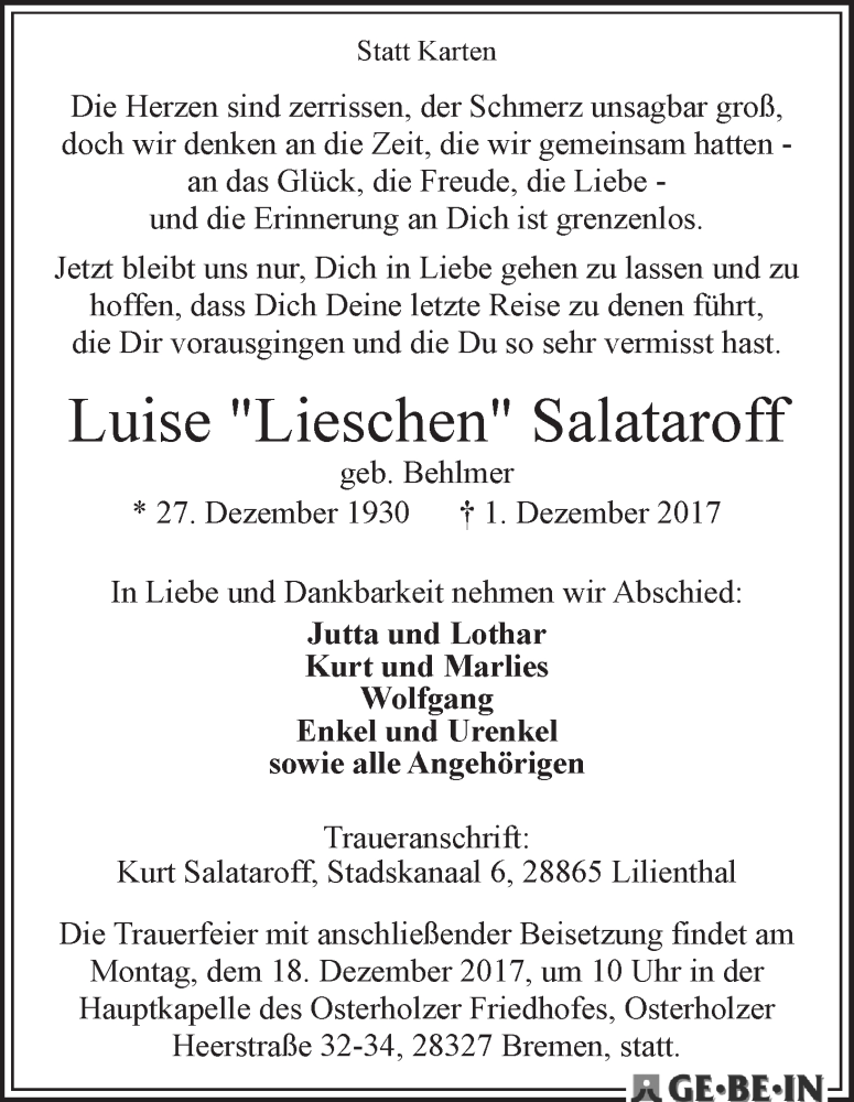 Traueranzeige von Luise Salataroff von WESER-KURIER