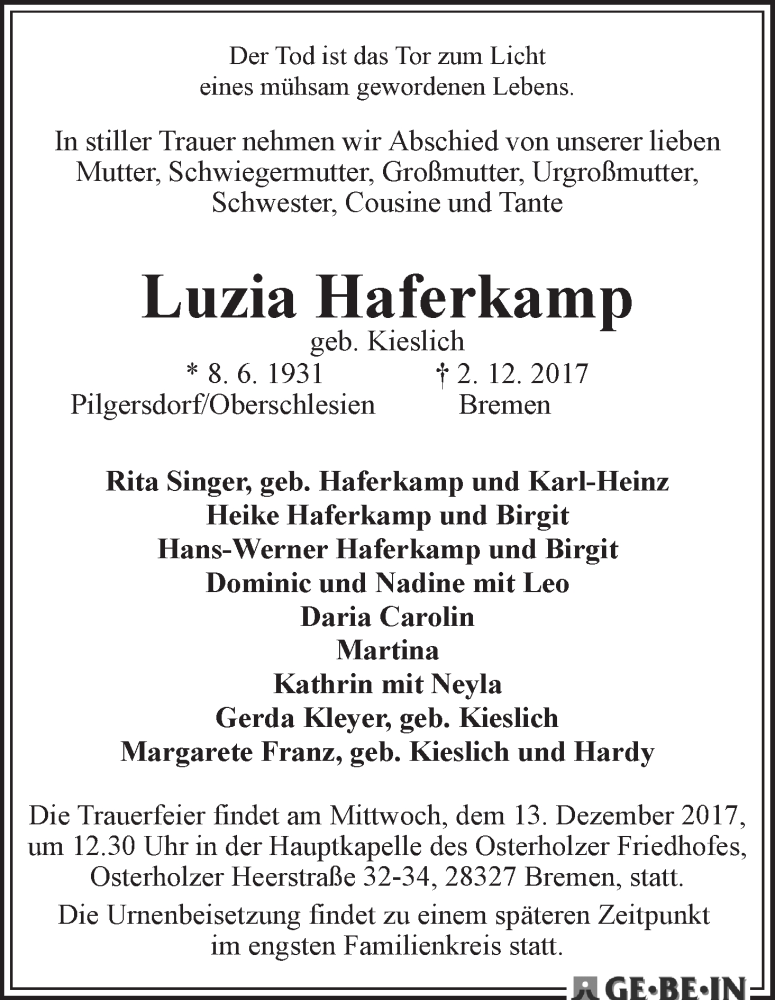 Traueranzeige von Luzia Haferkamp von WESER-KURIER