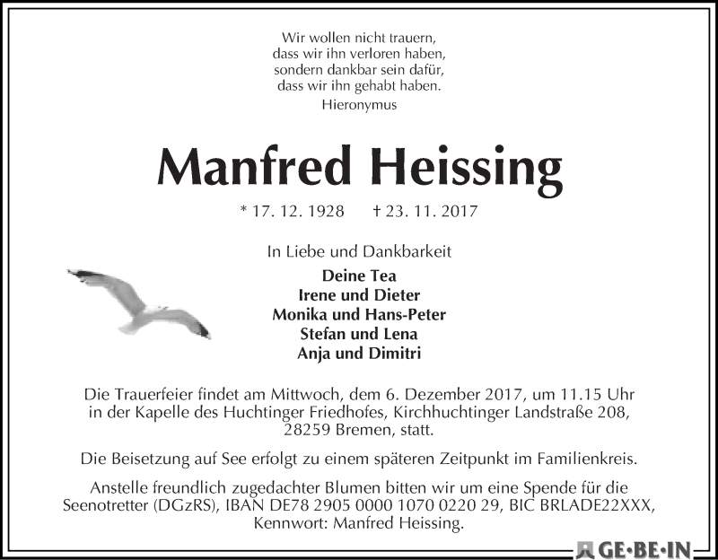 Traueranzeige von Manfred Heissing von WESER-KURIER