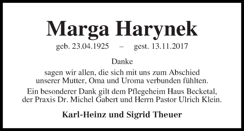 Traueranzeige von Marga Harynek von Die Norddeutsche