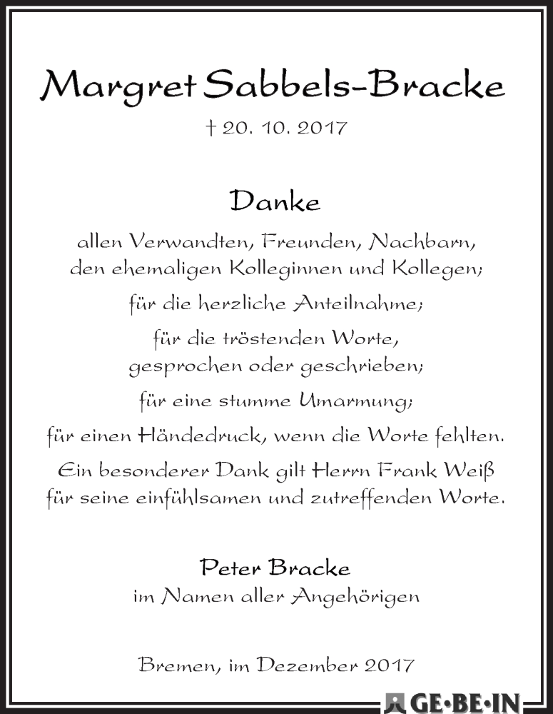 Traueranzeige von Margret Sabbels-Bracke von WESER-KURIER