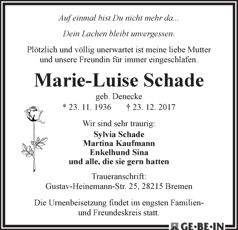 Traueranzeige von Marie-Luise Schade von WESER-KURIER