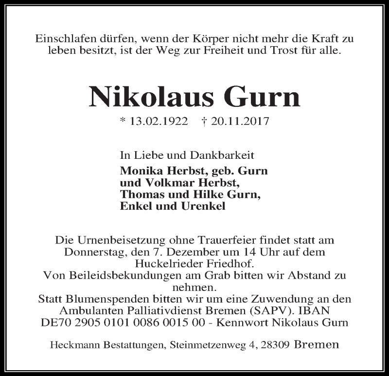 Traueranzeige von Nikolaus Gurn von WESER-KURIER