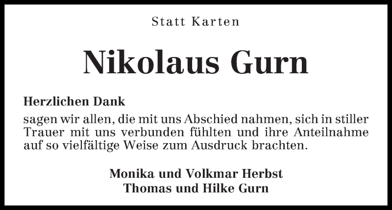 Traueranzeige von Nikolaus Gurn von WESER-KURIER