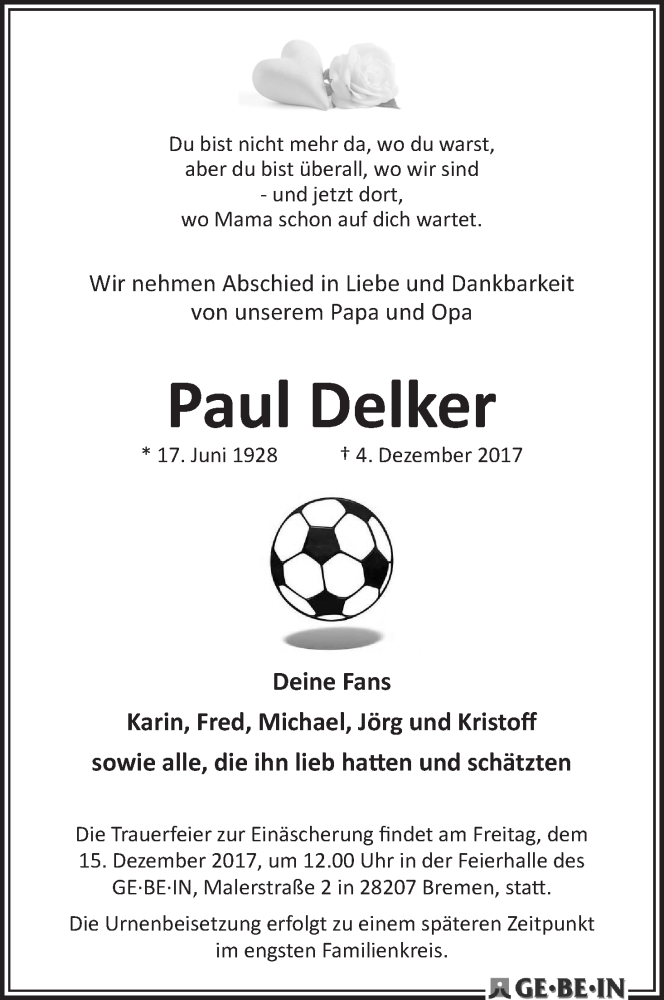 Traueranzeige von Paul Delker von WESER-KURIER