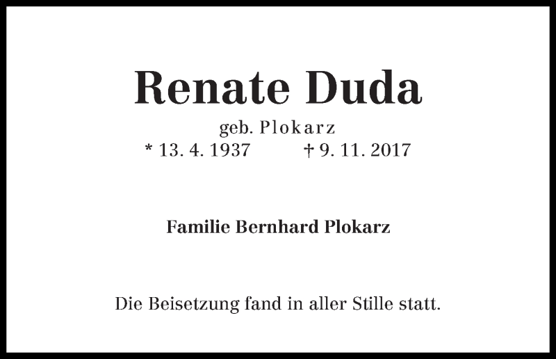 Traueranzeige von Renate Duda von Die Norddeutsche