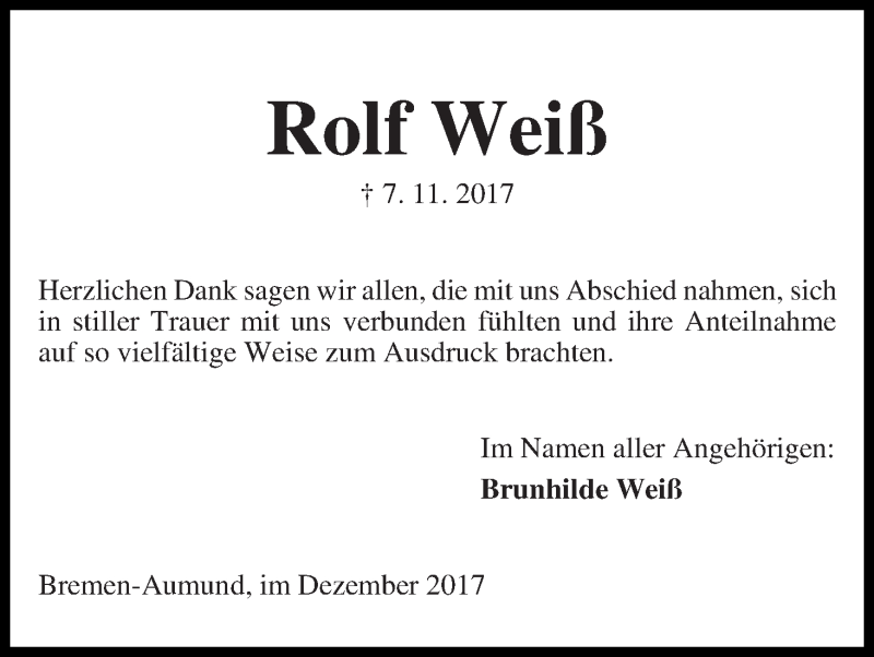 Traueranzeige von Rolf Weiß von Die Norddeutsche