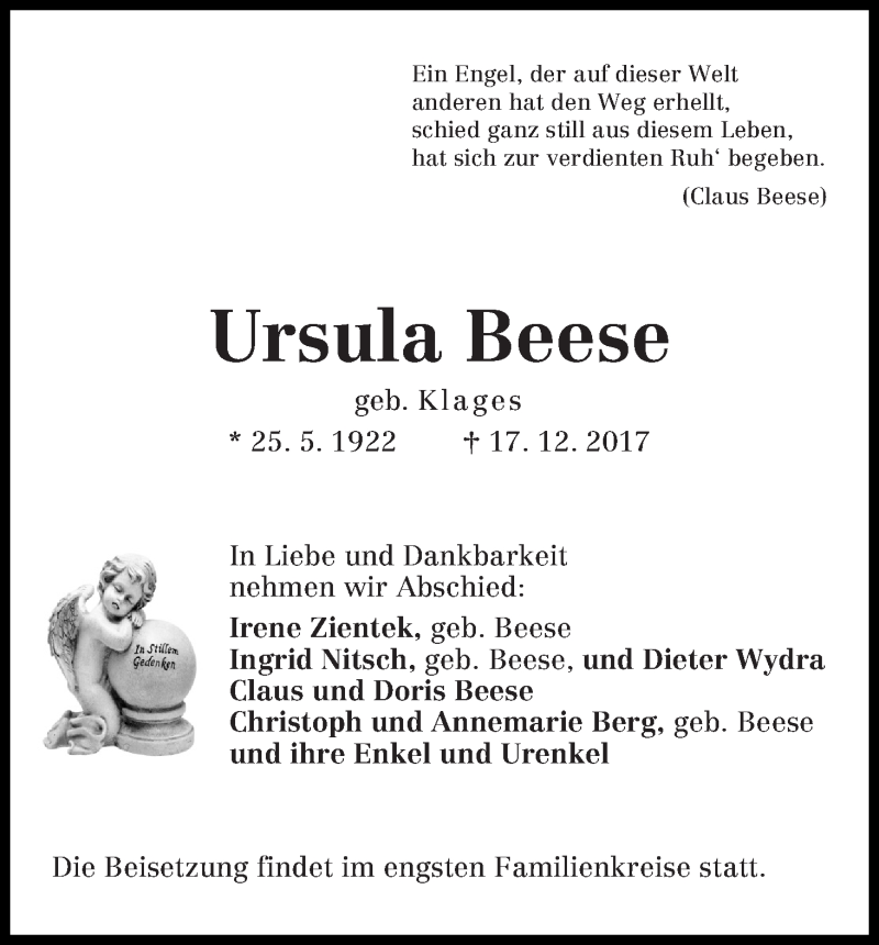 Traueranzeige von Ursula Beese von Die Norddeutsche