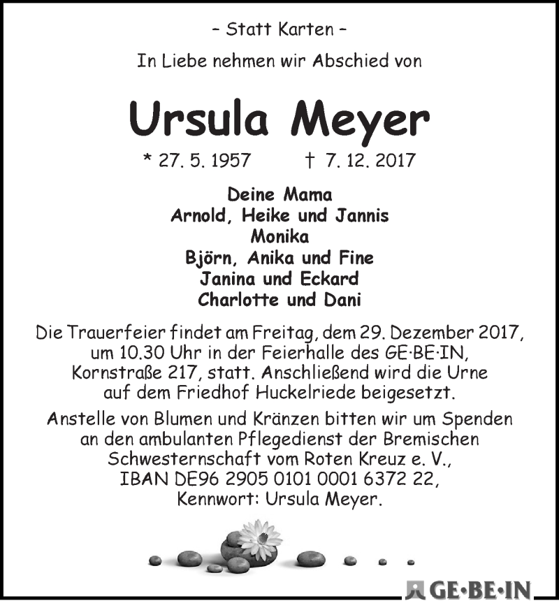 Traueranzeige von Ursula Meyer von WESER-KURIER