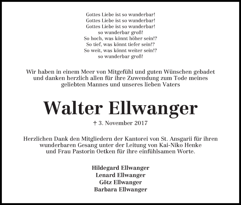 Traueranzeige von Walter Ellwanger von WESER-KURIER