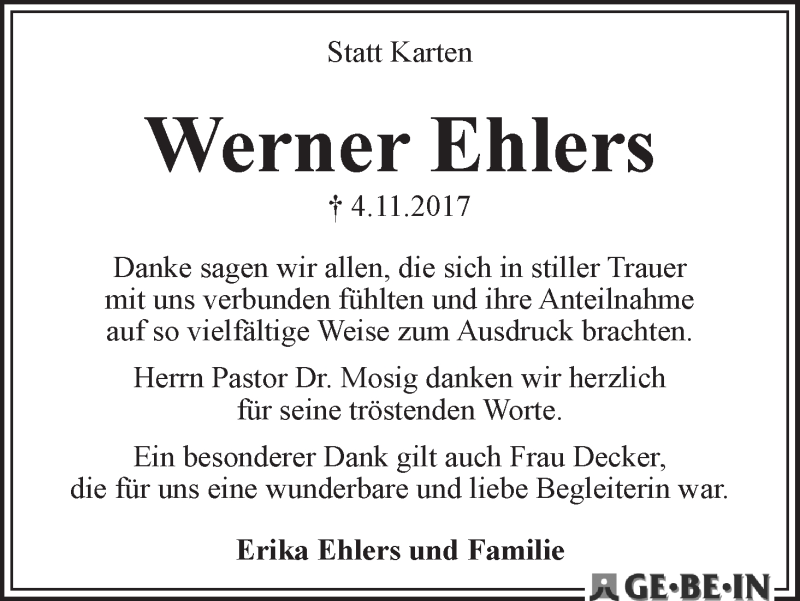 Traueranzeige von Werner Ehlers von WESER-KURIER