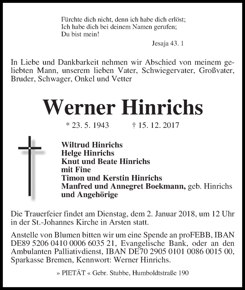 Traueranzeige von Werner Hinrichs von WESER-KURIER