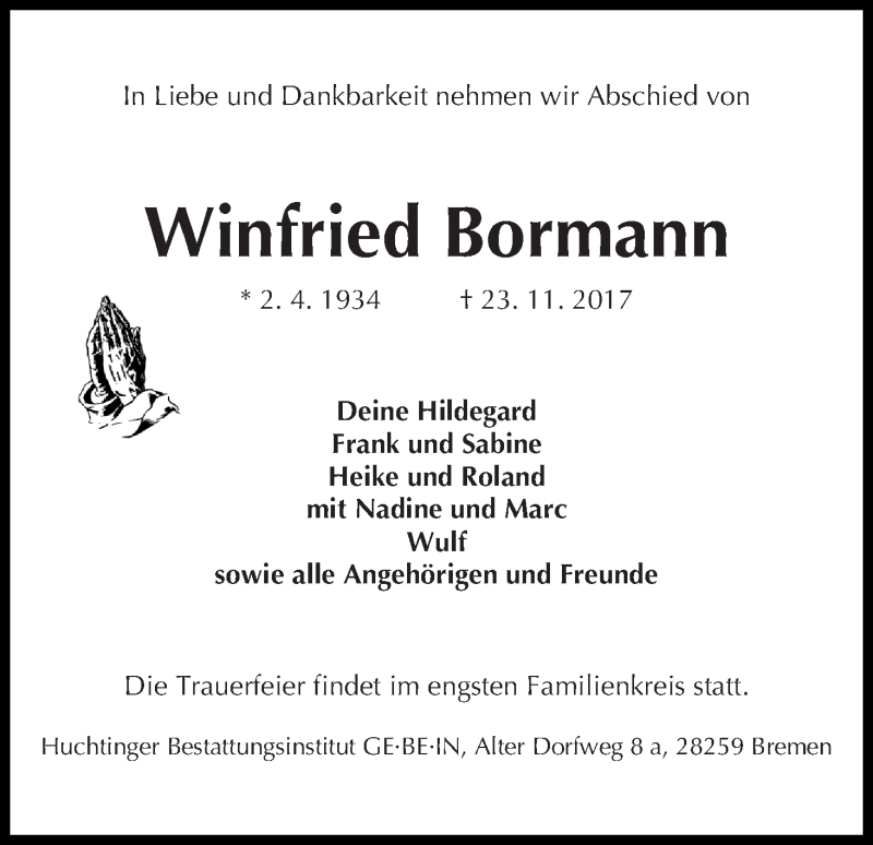 Traueranzeige von Winfried Bormann von WESER-KURIER